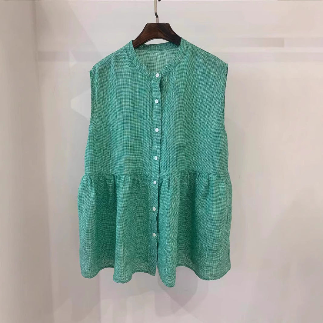 Retro Artistic Janpanese Linen Women's Bandage Dress Stitching Sleeveless Doll Shirt Vest