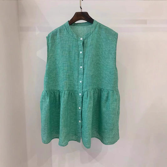 Retro Artistic Janpanese Linen Women's Bandage Dress Stitching Sleeveless Doll Shirt Vest
