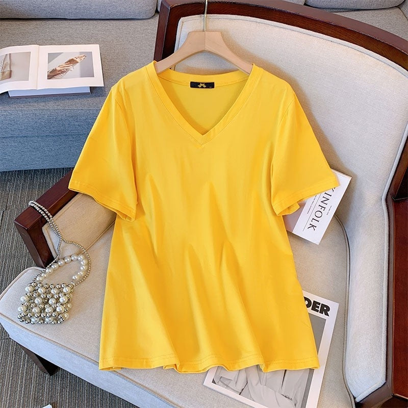 Summer Pure Cotton Short Sleeve T-shirt Top V-neck Loose
