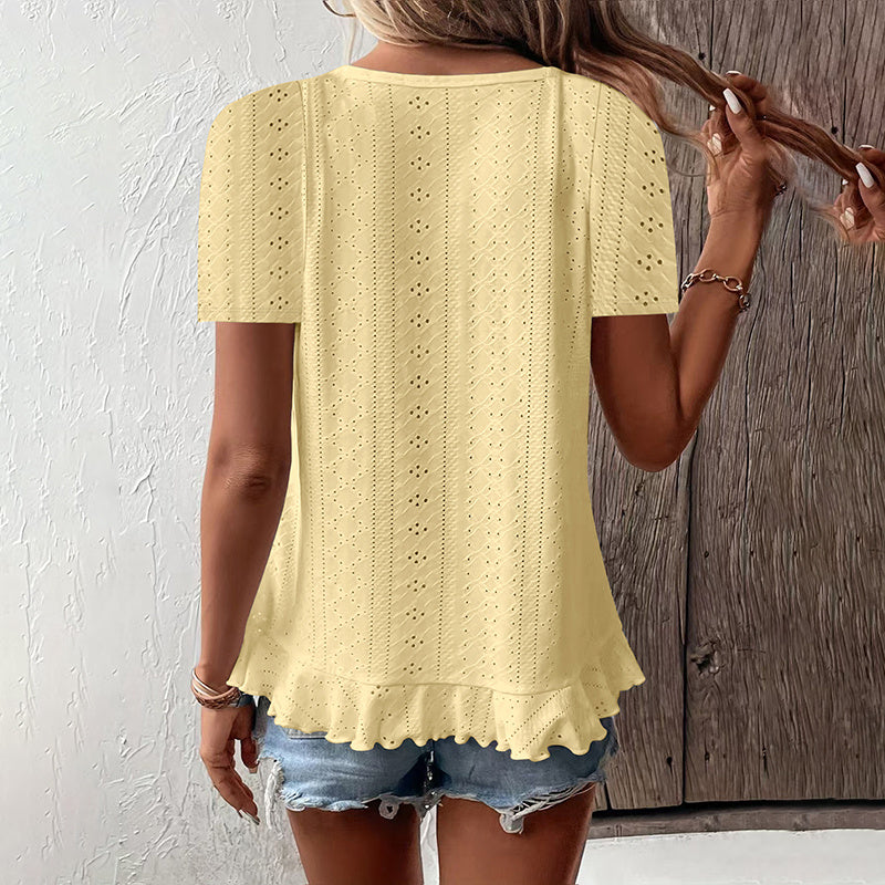 Women's Ruffle Hem Short Sleeve T-Shirt Casual Summer Crew Neck Blouses Top