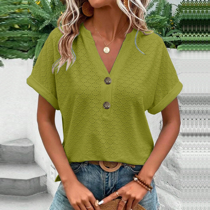 Women's Casual V-Neck Blouse Short Sleeve Loose Fit Button Front Solid Color Top