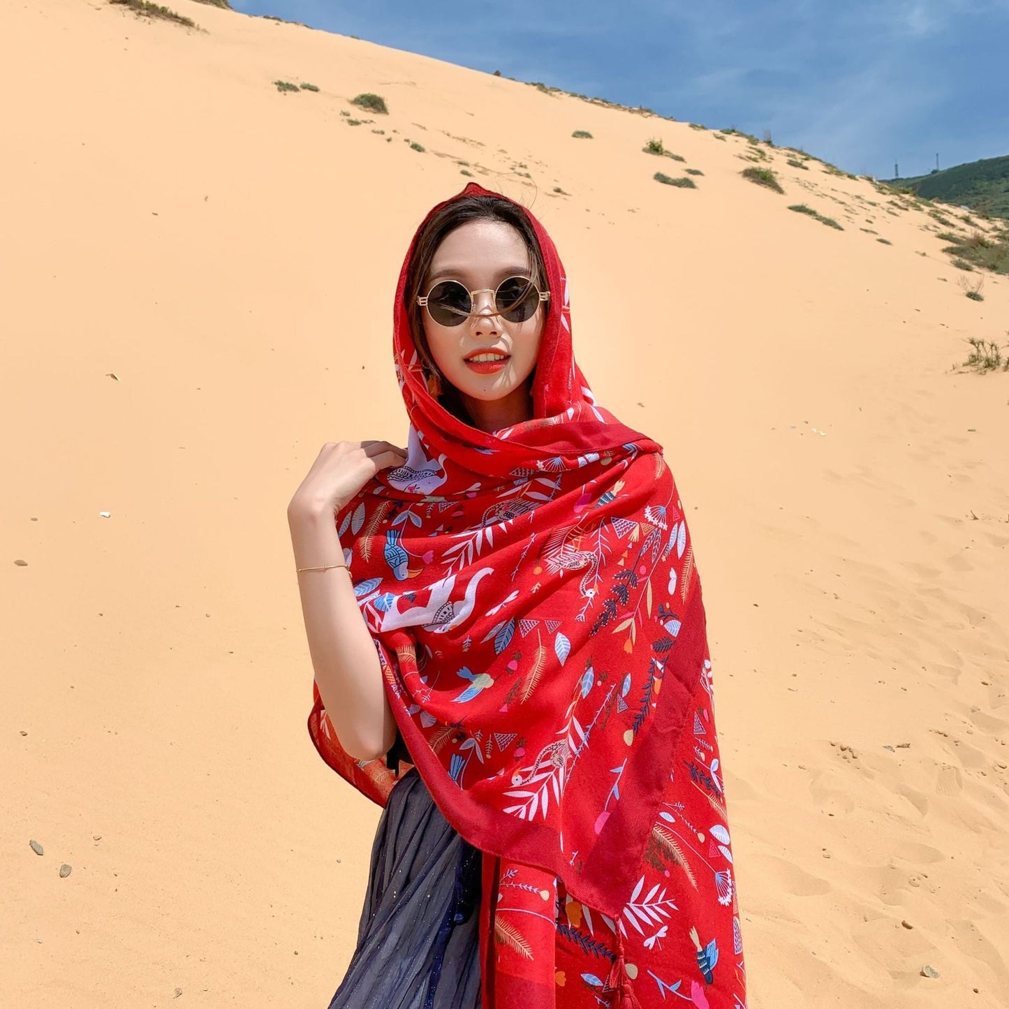 Multicolored Flower Pattern Shawl Sun-proof Scarf Mask