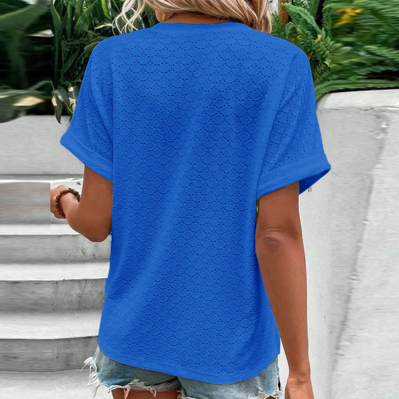 Women's Casual V-Neck Blouse Short Sleeve Loose Fit Button Front Solid Color Top