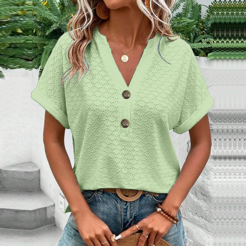Women's Casual V-Neck Blouse Short Sleeve Loose Fit Button Front Solid Color Top