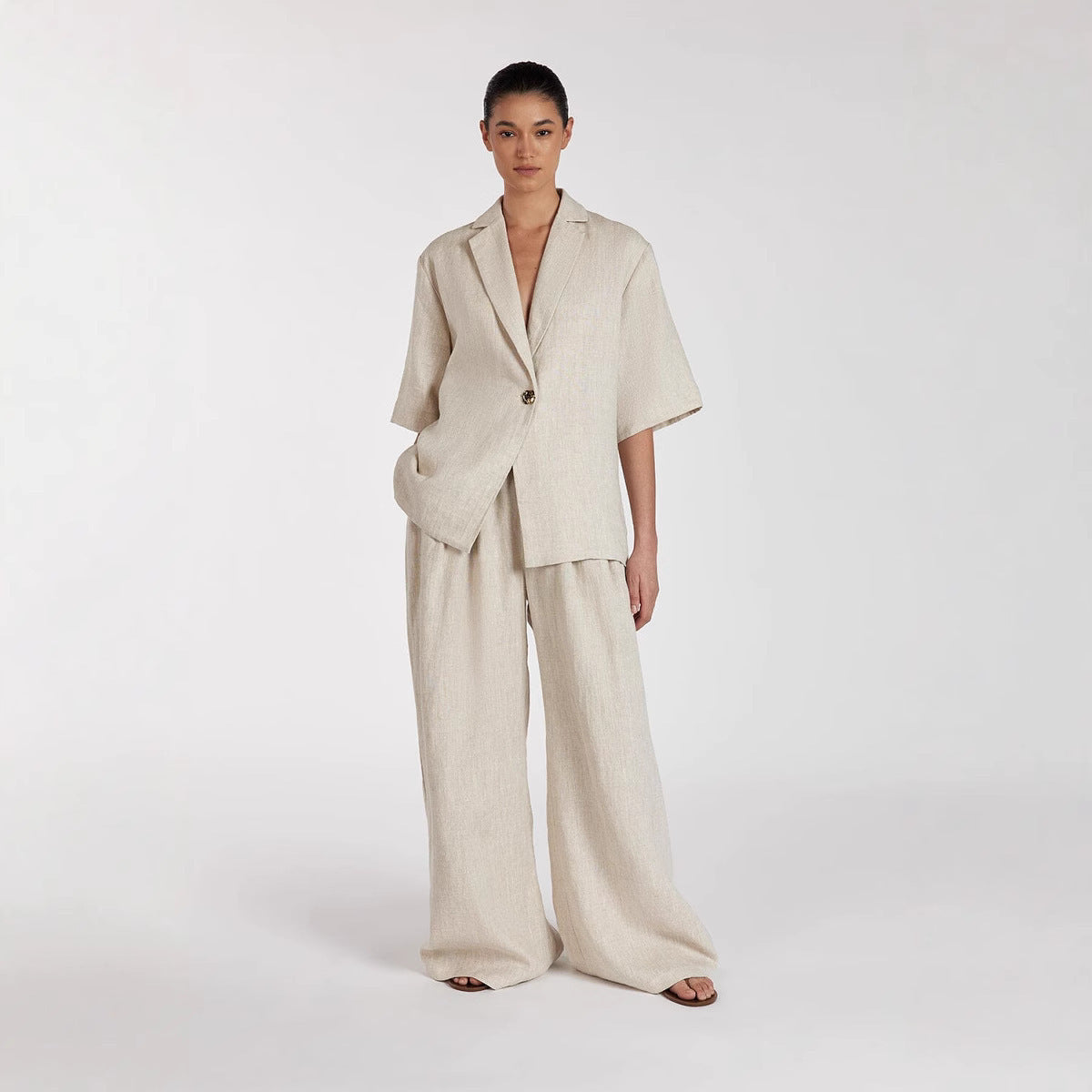 Linen Commuter Lapel Half Sleeve Cardigan Top Loose Wide Leg Pants Two-piece Set