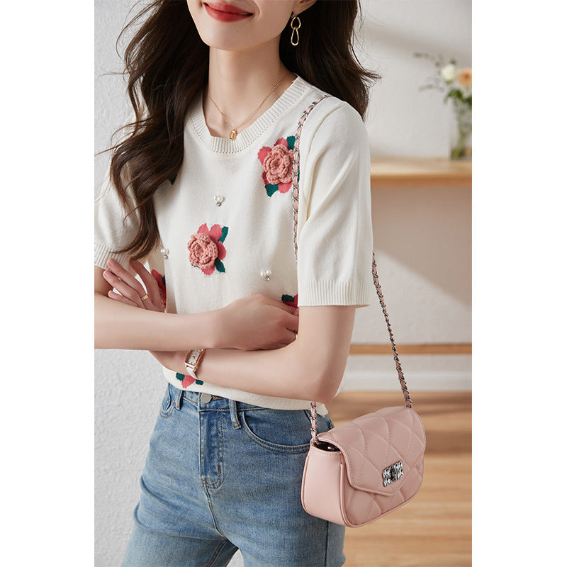Korean Rose Beaded Sweater Puff Sleeve