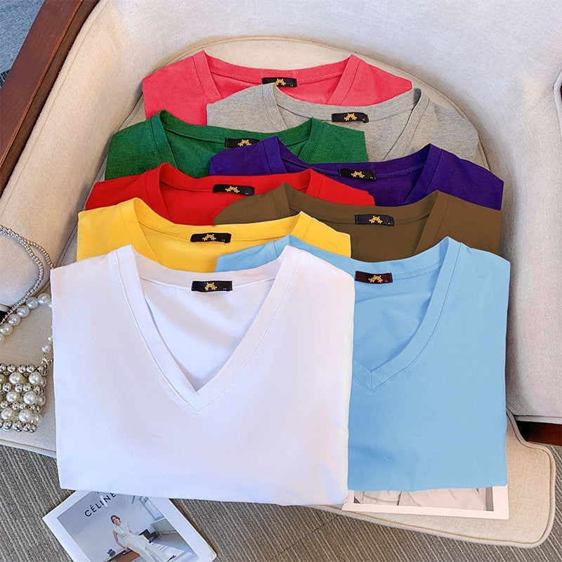Summer Pure Cotton Short Sleeve T-shirt Top V-neck Loose