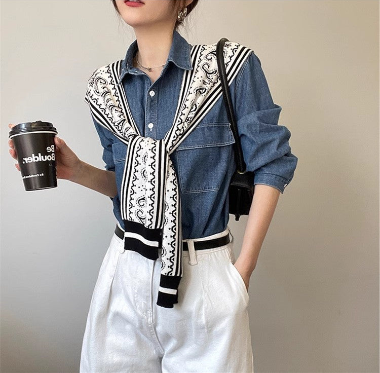Women's Korean-style Spring And Autumn Knitted Decorative Shirt With Shoulder Paisley Fake Collar