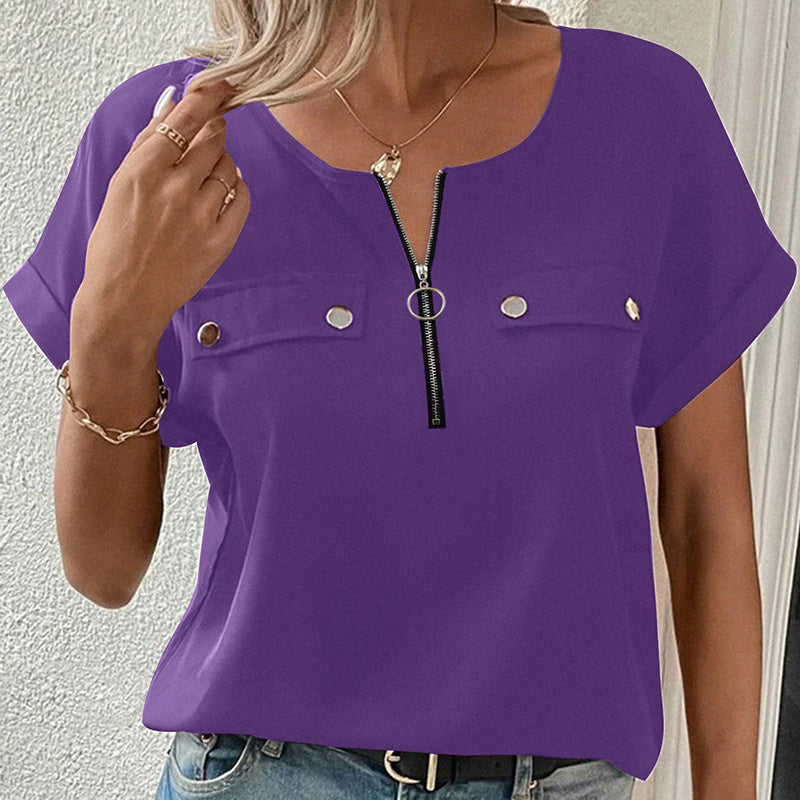 Women's V-Neck Zipper Top Solid Color Short Sleeve Blouse