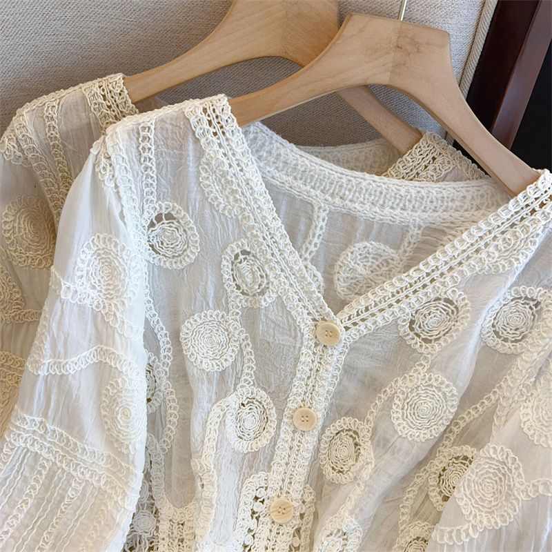 French Crochet Hollowed-out V-neck Lace Sweater