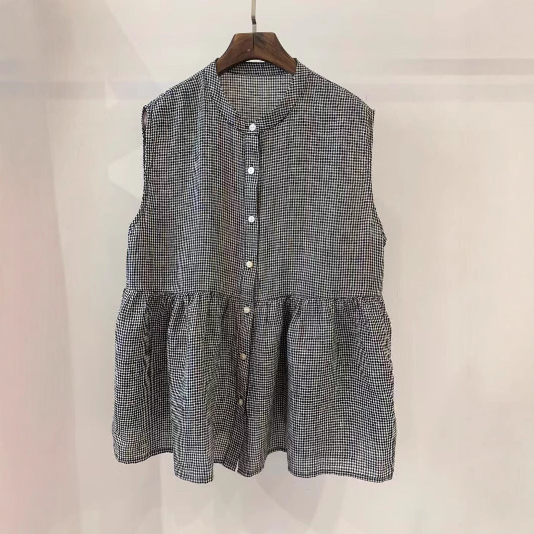 Retro Artistic Janpanese Linen Women's Bandage Dress Stitching Sleeveless Doll Shirt Vest