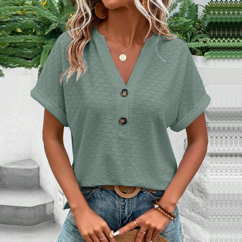 Women's Casual V-Neck Blouse Short Sleeve Loose Fit Button Front Solid Color Top