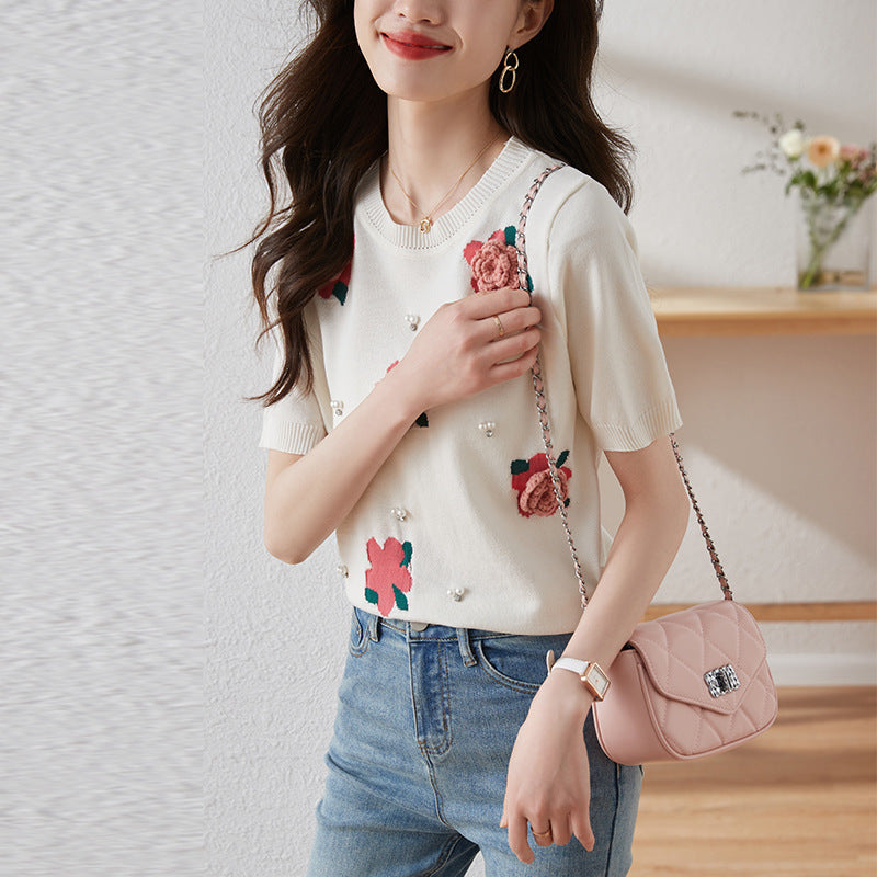 Korean Rose Beaded Sweater Puff Sleeve
