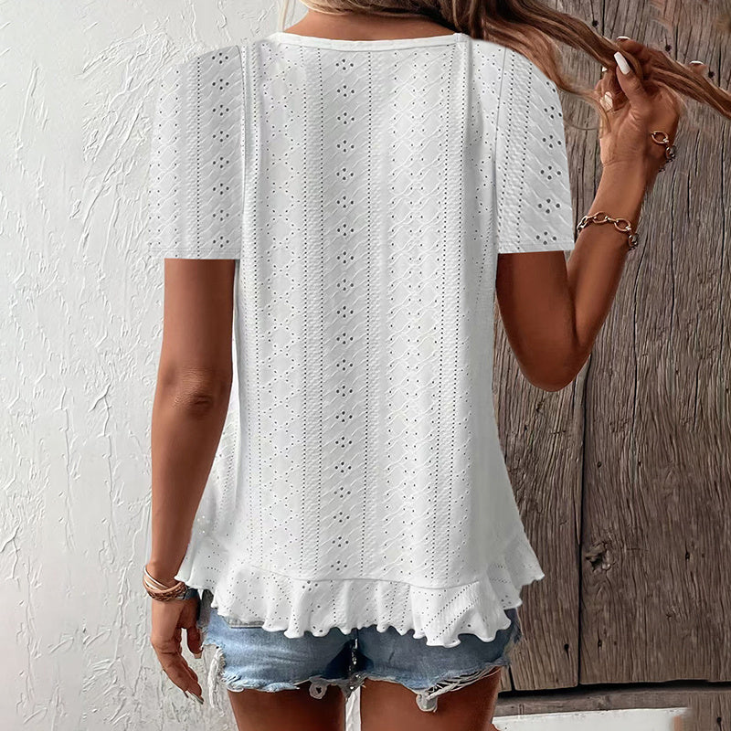 Women's Ruffle Hem Short Sleeve T-Shirt Casual Summer Crew Neck Blouses Top