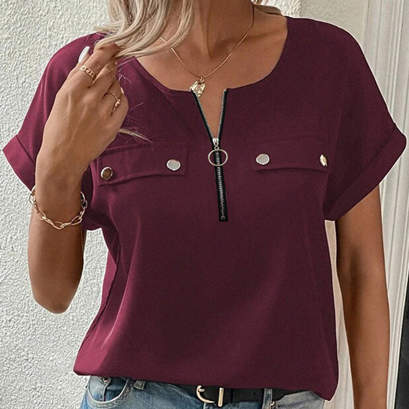 Women's V-Neck Zipper Top Solid Color Short Sleeve Blouse