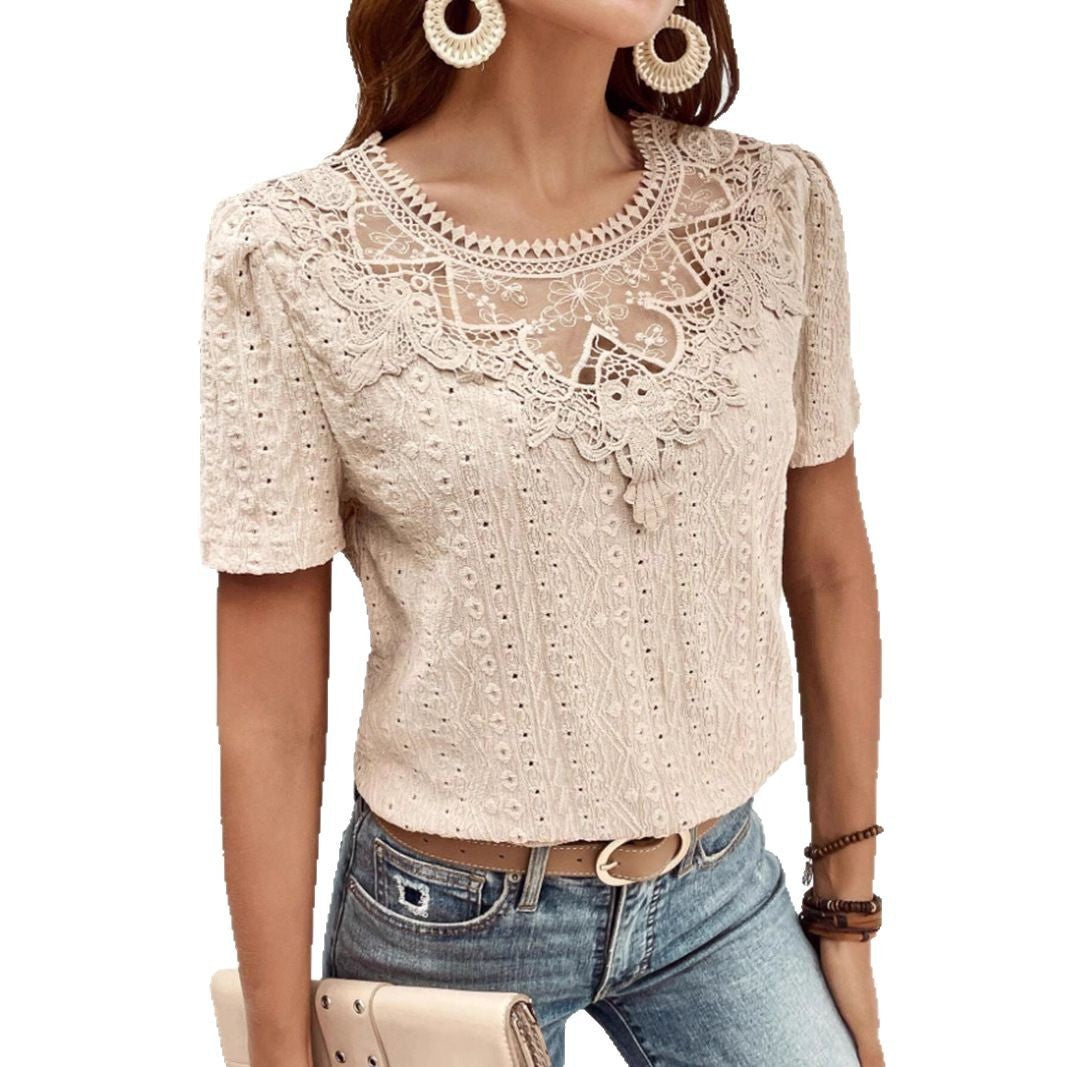 Lace Stitching Hollow Round Neck Solid Color Short Sleeve
