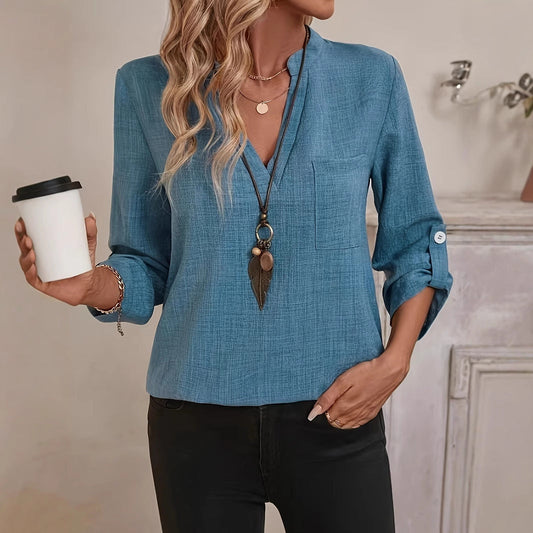 European And American Solid Color Ladies V-neck Shirt