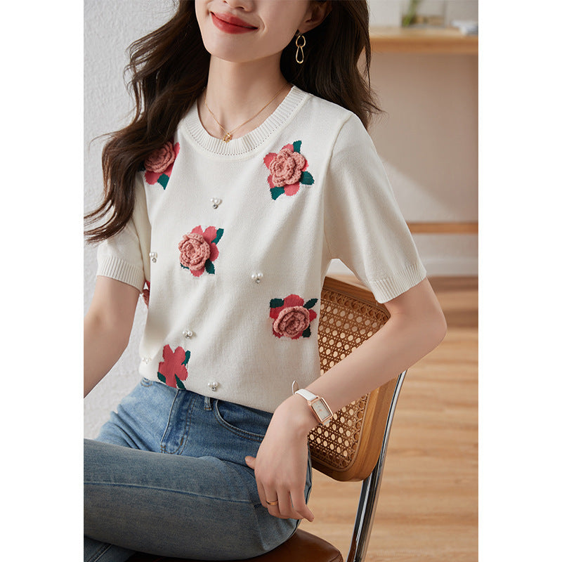 Korean Rose Beaded Sweater Puff Sleeve