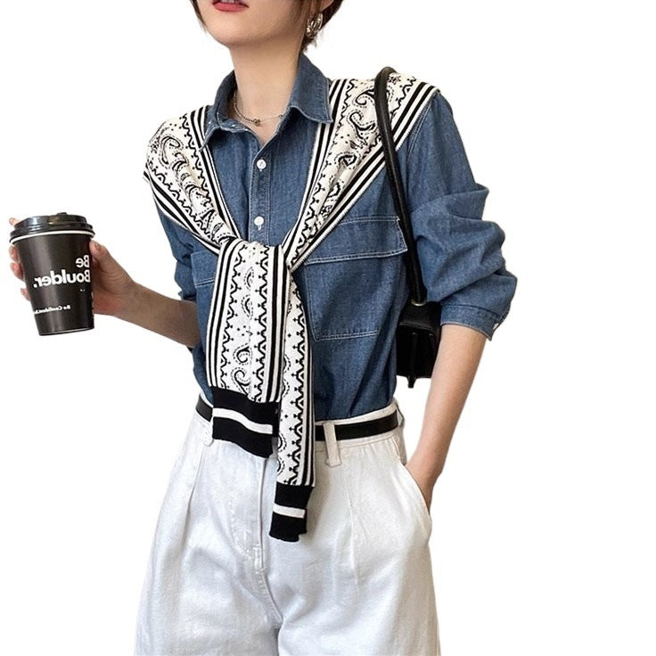 Women's Korean-style Spring And Autumn Knitted Decorative Shirt With Shoulder Paisley Fake Collar