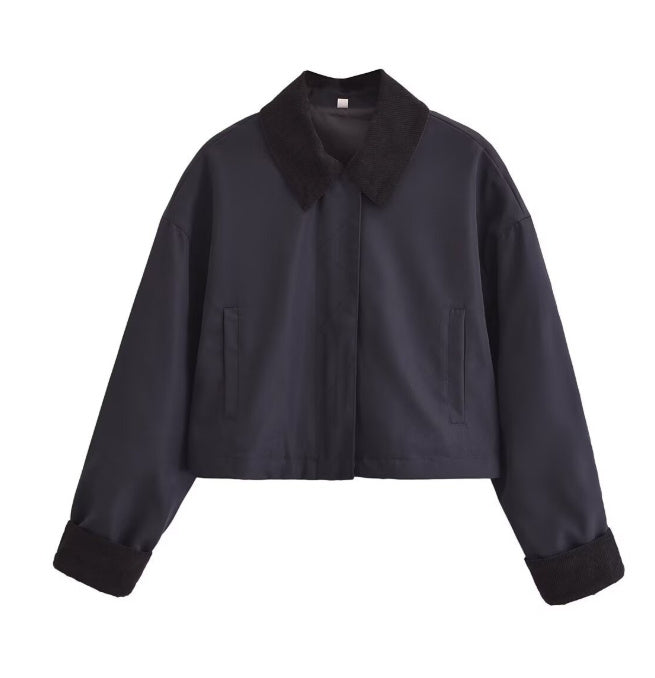 Women's Corduroy Stitching Neckline Casual Coat