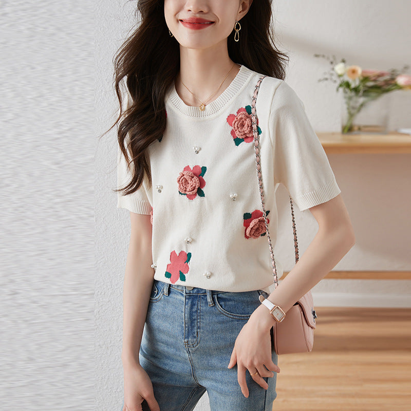 Korean Rose Beaded Sweater Puff Sleeve