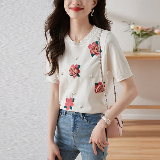 Korean Rose Beaded Sweater Puff Sleeve