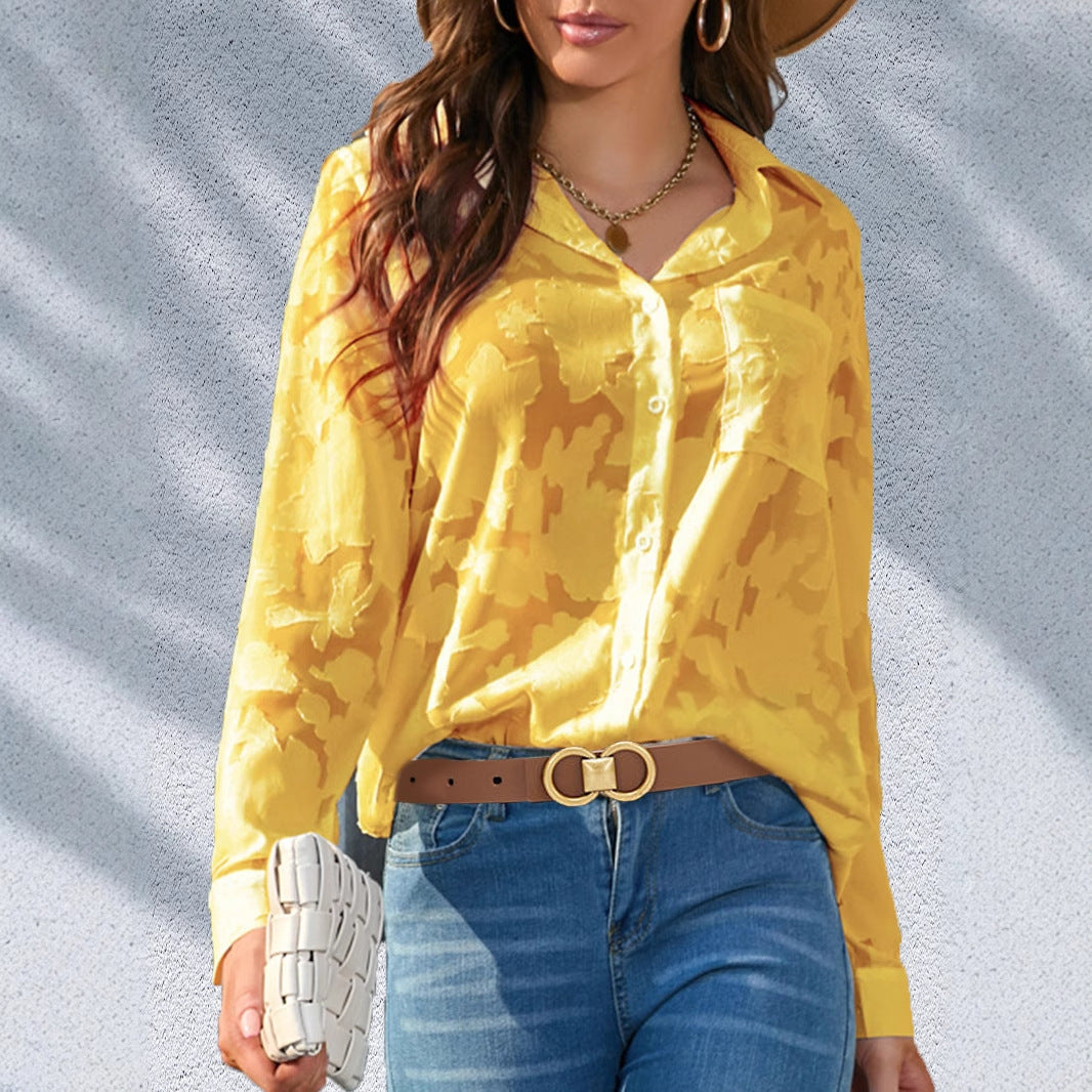 Women's Solid Color Single-breasted Lapel V-neck Jacquard Long-sleeved Shirt