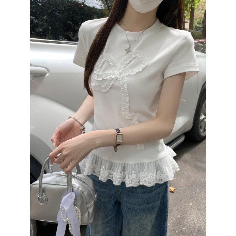 Women's Fashion Lace Edge Stitching Hem Bow Top