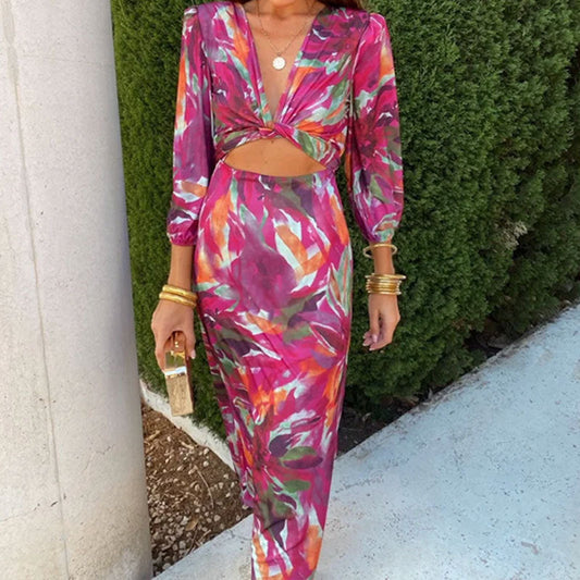 Women's Printed Elegant Fashion V-neck Bubble Long Sleeve One-step Dress With Exposed Navel