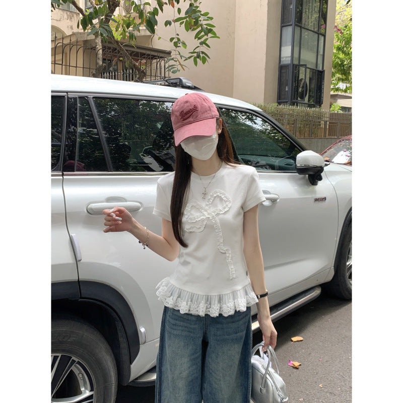 Women's Fashion Lace Edge Stitching Hem Bow Top