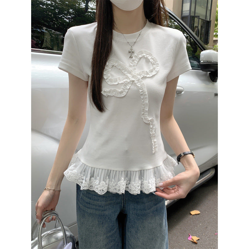 Women's Fashion Lace Edge Stitching Hem Bow Top