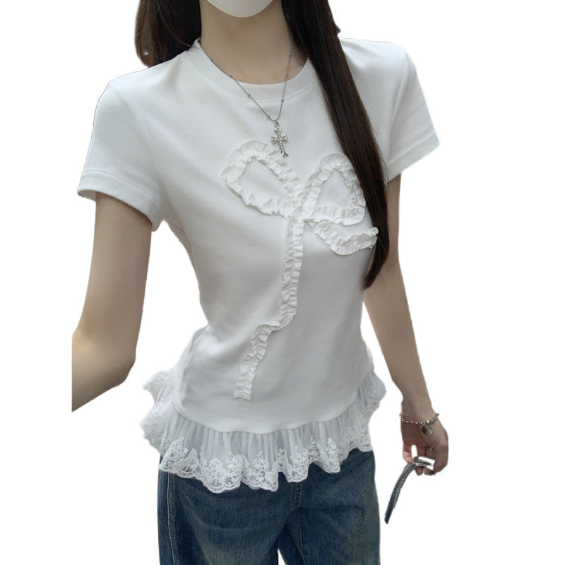 Women's Fashion Lace Edge Stitching Hem Bow Top
