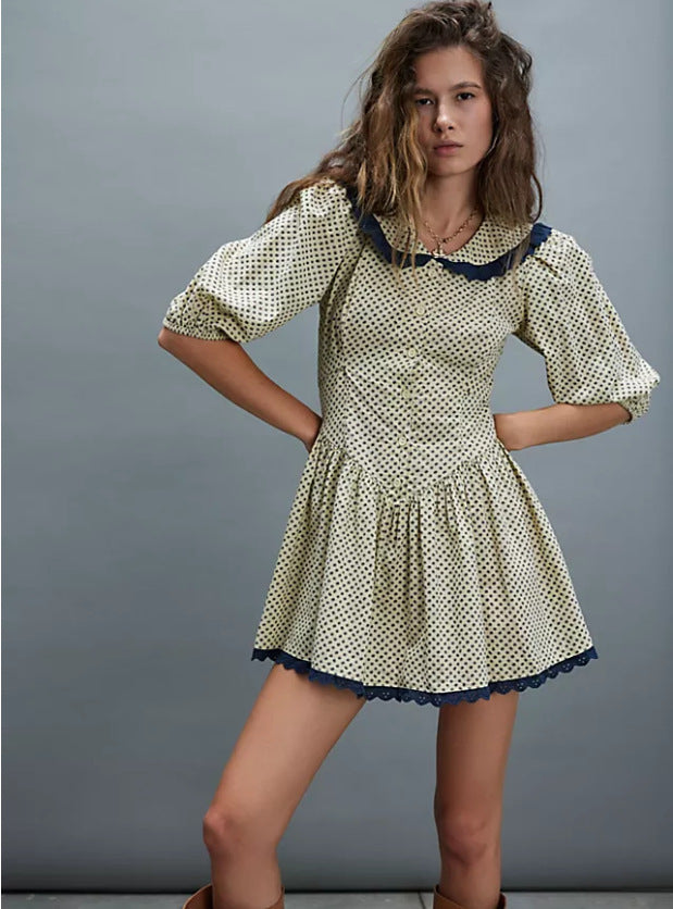 Retro Dots French Doll Collar Belted Dress