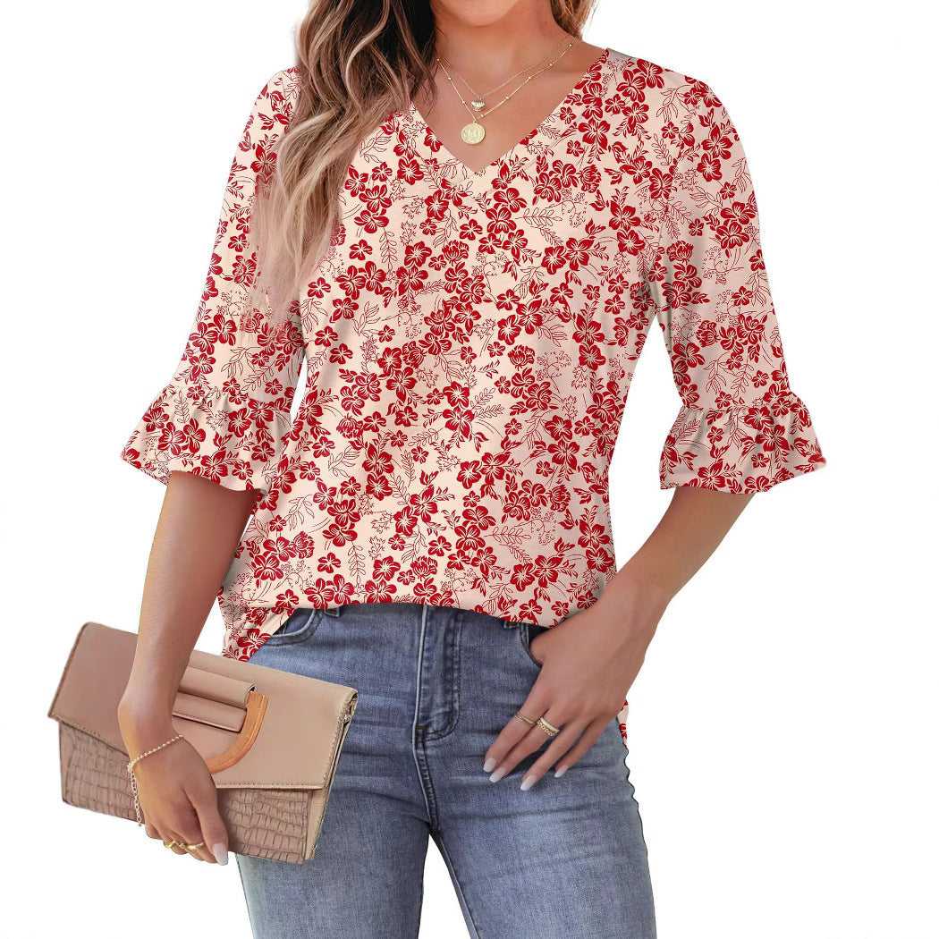 Printed Shirt V-neck Floral Flared Half Sleeve Top