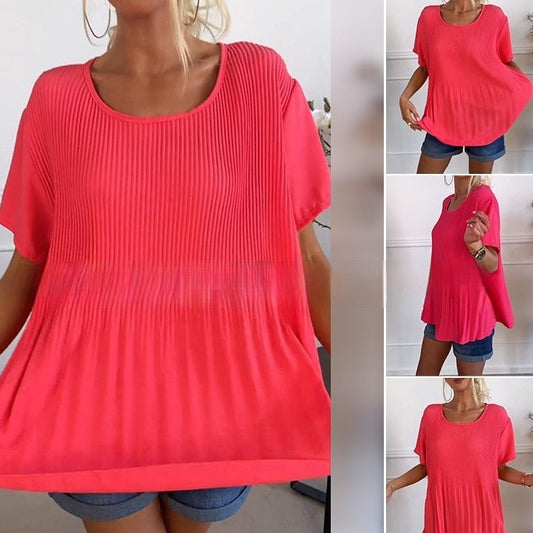 Plus Size Western Style Youthful-looking Pleated Short Sleeve Women's Blouse
