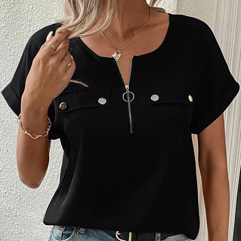 Women's V-Neck Zipper Top Solid Color Short Sleeve Blouse