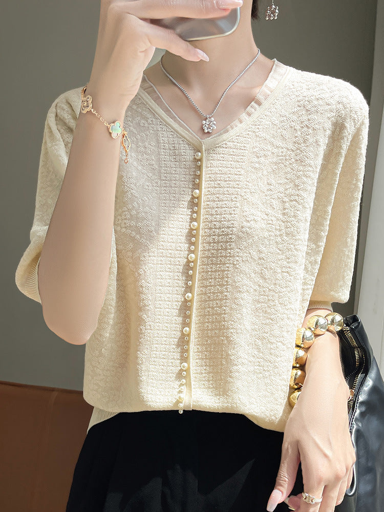 Women's V-neck Tencel Sweater With Short Sleeves