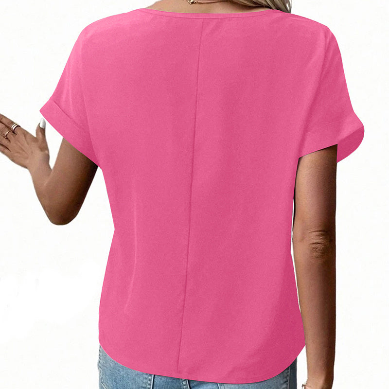 Women's V-Neck Zipper Top Solid Color Short Sleeve Blouse