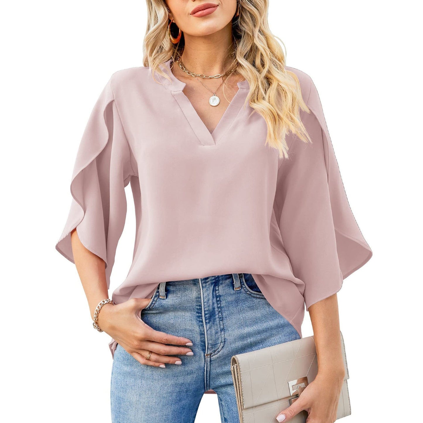 Summer New Women's Fashion Petal Sleeve Top Loose V-neck Chiffon Shirt