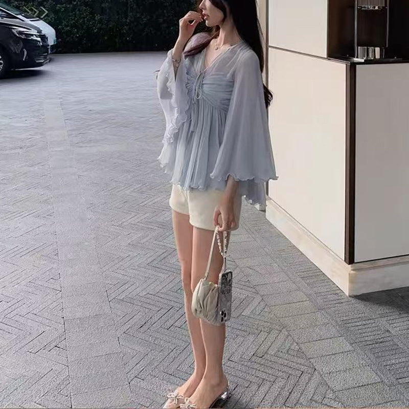 Pure Desire Style Chiffon Shirt Women's High-grade Ruffle Sleeve Mesh