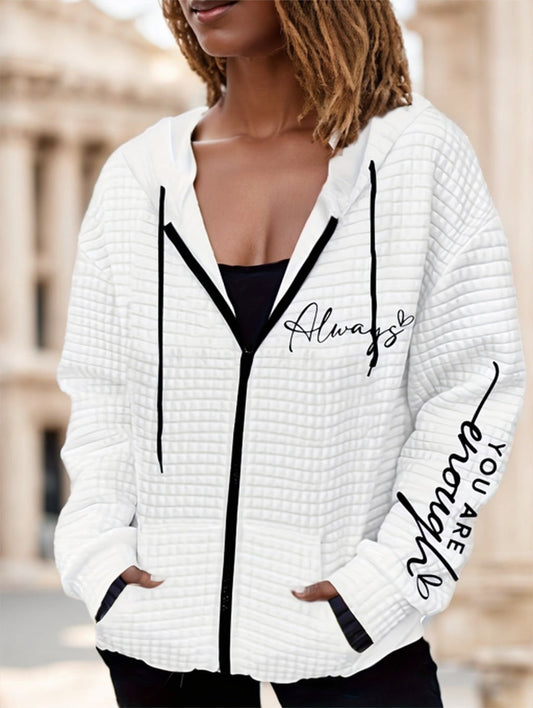 Letter Print Zipper Dual Pockets Hoodie