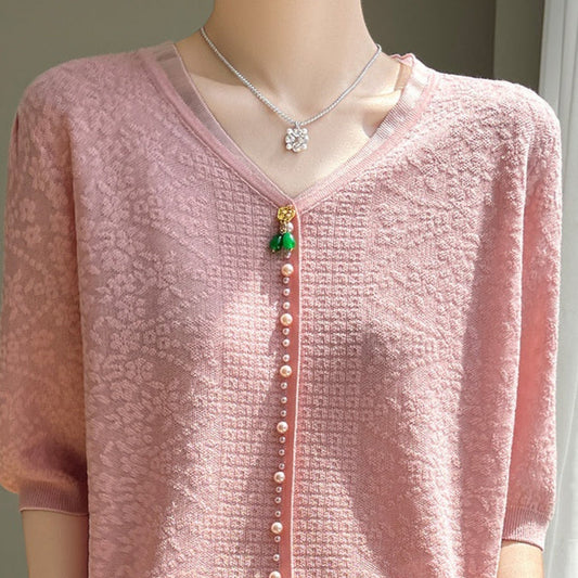 Women's V-neck Tencel Sweater With Short Sleeves