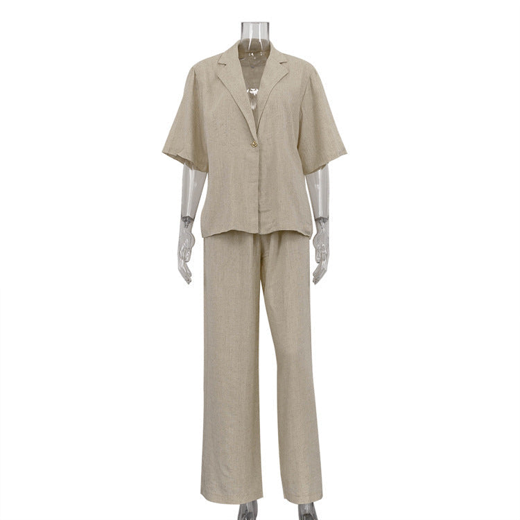 Linen Commuter Lapel Half Sleeve Cardigan Top Loose Wide Leg Pants Two-piece Set