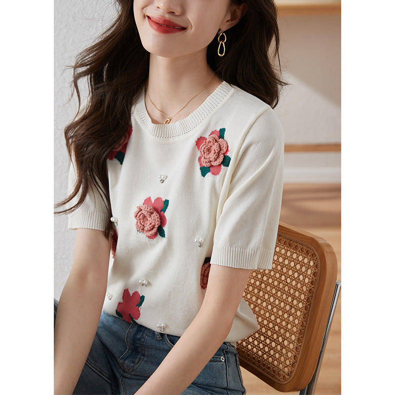 Korean Rose Beaded Sweater Puff Sleeve
