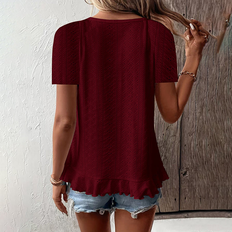 Women's Ruffle Hem Short Sleeve T-Shirt Casual Summer Crew Neck Blouses Top