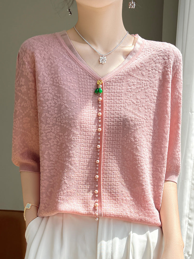 Women's V-neck Tencel Sweater With Short Sleeves