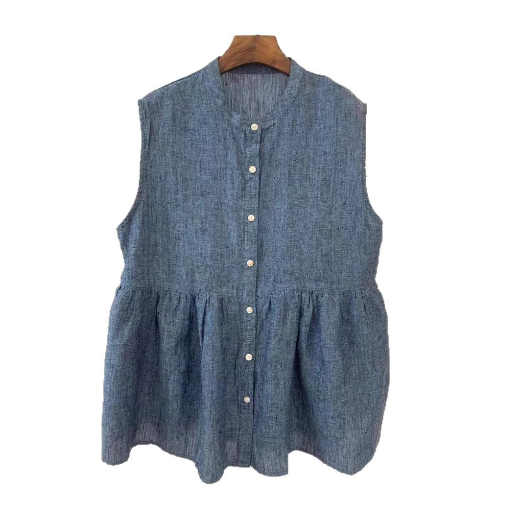 Retro Artistic Janpanese Linen Women's Bandage Dress Stitching Sleeveless Doll Shirt Vest