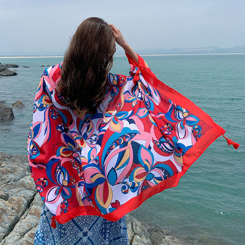 Multicolored Flower Pattern Shawl Sun-proof Scarf Mask