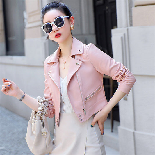 Motorcycle Leather Women's Short Slim Fit Plus Size Washed Leather Jacket